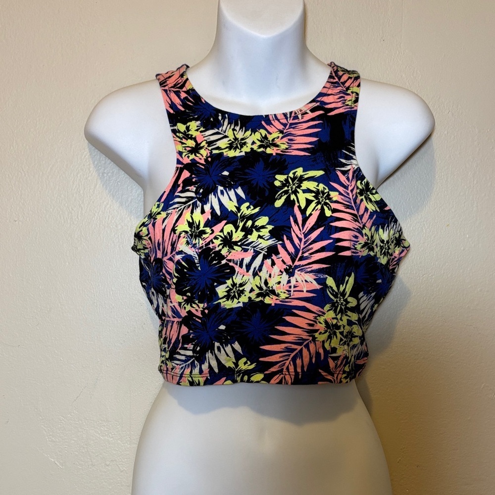 Charlotte Russe Navy Tropical High-Neck Crop Top with Pink & Yellow Floral